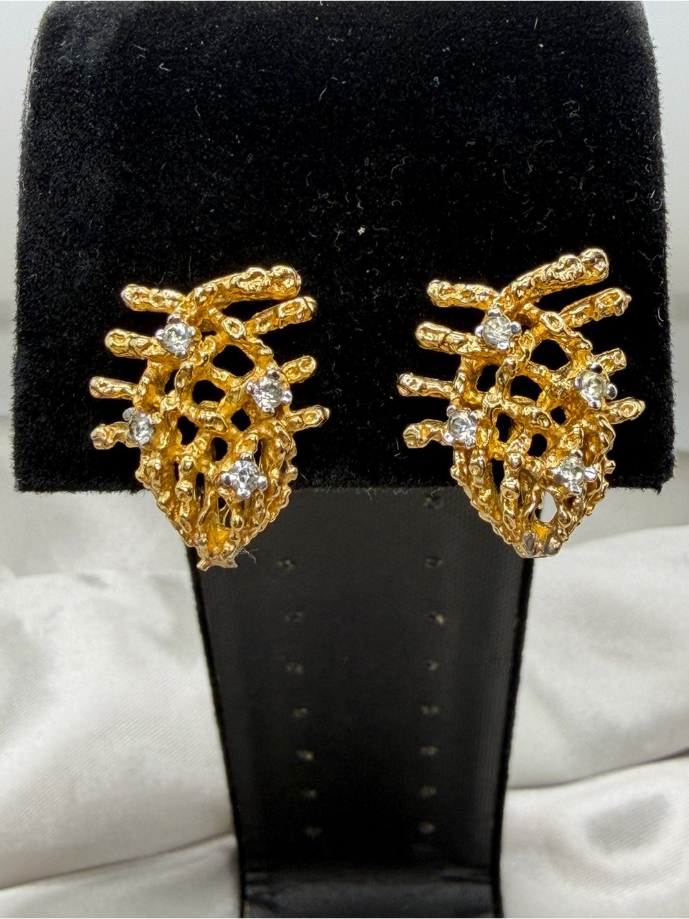 VTG Panetta Gold Textured Brutalist Crystal Clip On Earrings - Signed